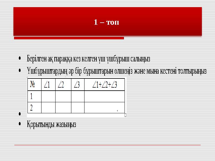 1 – топ  Берілген ақ параққа кез келген үш үшбұрыш салыңыз  Үшбұрыштардың әр бір бұрыштарын өлшеңіз және мына кестені тол
