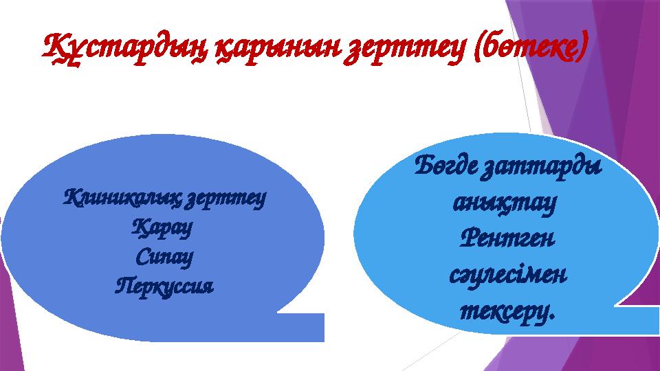 Құстардың қарынын зерттеу (бөтеке) Клиникалық зерттеу Қарау Сипау Перкуссия Бөгде заттарды анықтау Рентген сәулесімен тексе