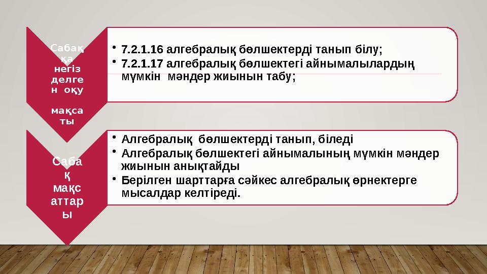 • Сабақ қа негіз делге н оқу мақса ты • 7.2.1.16 алгебралық бөлшектерді танып білу; • 7.2.1.17 алгебралық бөлшектегі айн