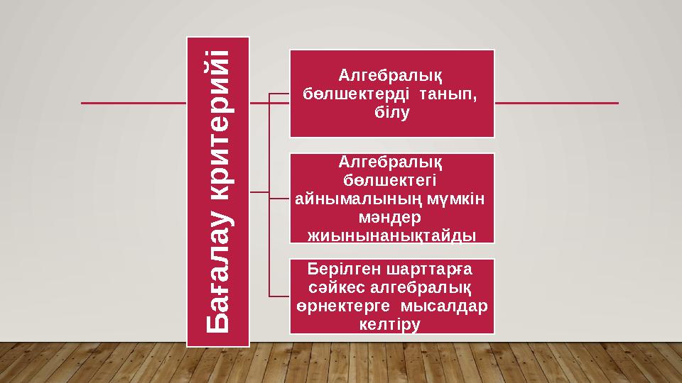 Б а ғ а л а у к р и т е р и й і Алгебралық бөлшектерді танып, білу Алгебралық бөлшектегі айнымалының мүмкін м