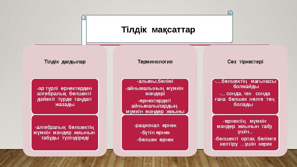 Тілдік мақсаттар Тілдік дағдылар -әр түрлі өрнектерден алгебралық бөлшекті дәйекті түрде таңдап жазады -алгебр