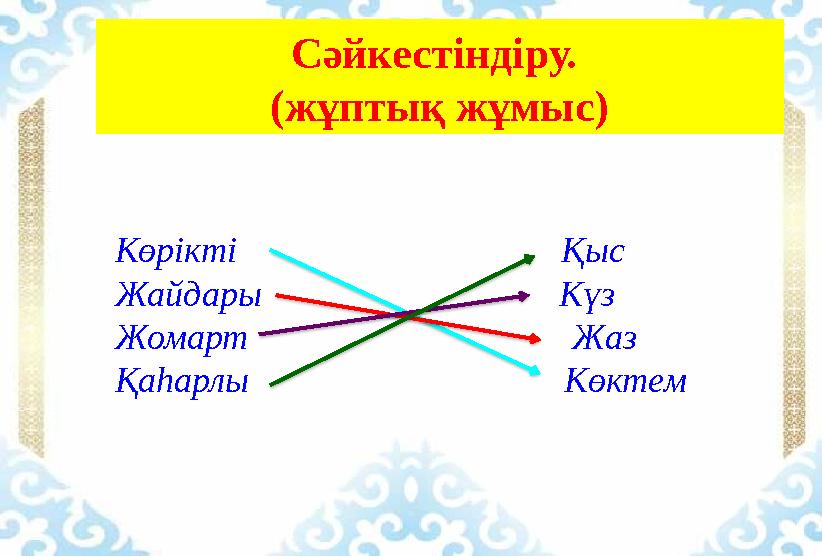 Сәйкестіндіру. (жұптық жұмыс) Көрікті Қыс Жайдары Күз Жомарт