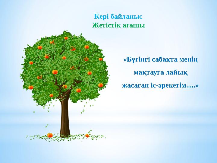 «Бүгінгі сабақта менің мақтауға лайық жасаған іс-әрекетім.....»Кері байланыс Жетістік ағашы