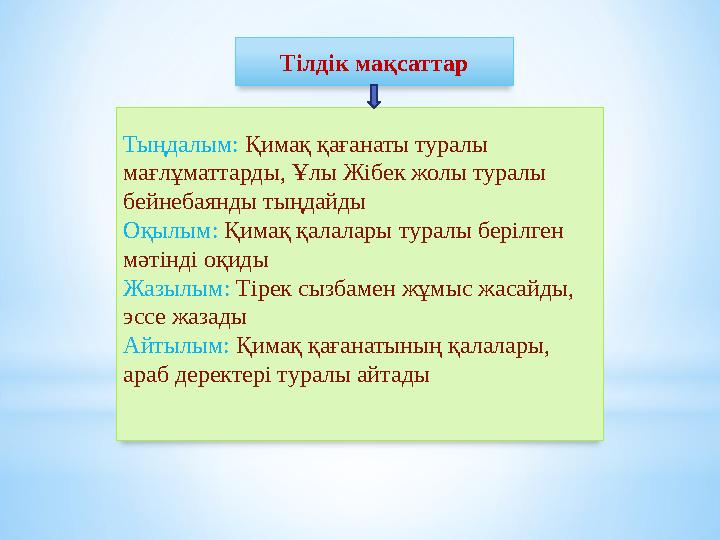 Тілдік мақсаттар Тыңдалым: Қимақ қағанаты туралы мағлұматтарды, Ұлы Жібек жолы туралы бейнебаянды тыңдайды Оқылым: Қимақ қ