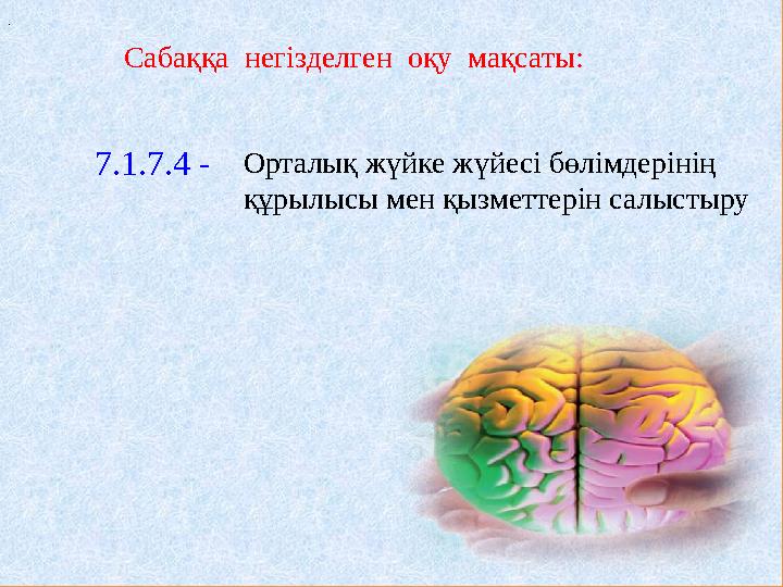 . Орталық жүйке жүйесі бөлімдерінің құрылысы мен қызметтерін салыстыруСабаққа негізделген оқу мақсаты: 7.1.7.4 -