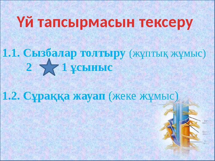 1.1. Сызбалар толтыру (жұптық жұмыс) 2 1 ұсыныс 1.2. Сұраққа жауап (жеке жұмыс) Үй тапсырмасын текс
