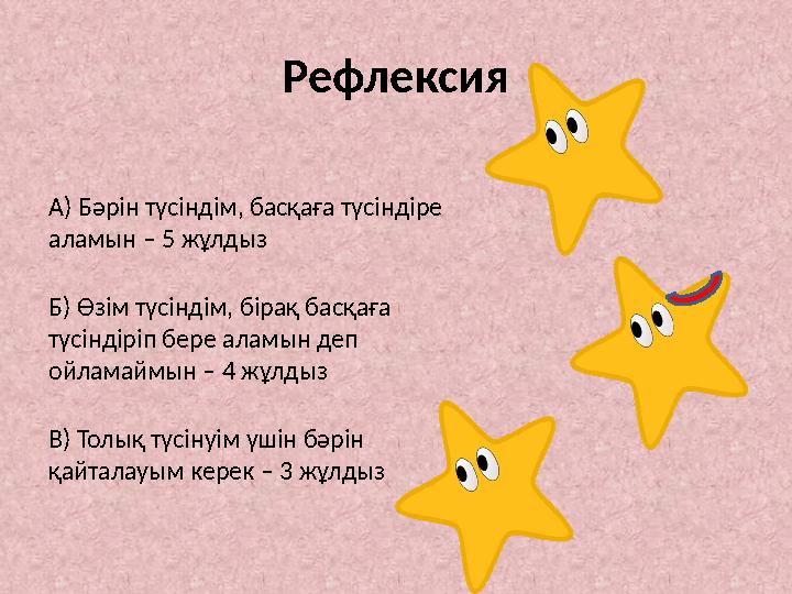 Рефлексия А) Бәрін түсіндім, басқаға түсіндіре аламын – 5 жұлдыз Б) Өзім түсіндім, бірақ басқаға түсіндіріп бере аламын деп о