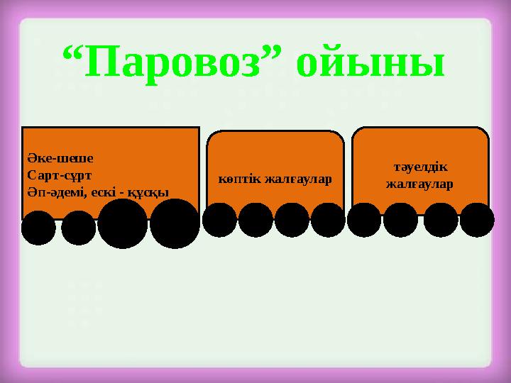 “ Паровоз” ойыны Әке-шеше Сарт-сұрт Әп-әдемі, ескі - құсқы тәуелдік жалғауларкөптік жалғаулар