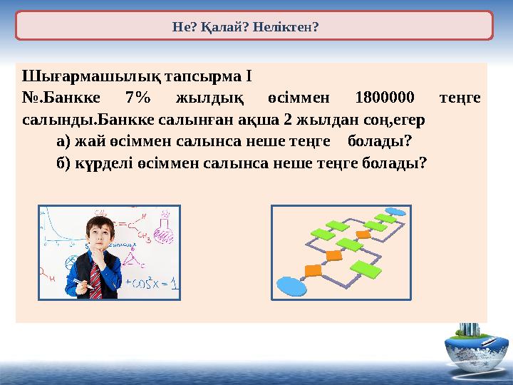 Не ? Қалай? Неліктен? Шығармашылық тапсырма I № .Банкке 7% жылдық өсіммен 1800000 теңге салынды.Банкке салынған ақша 2