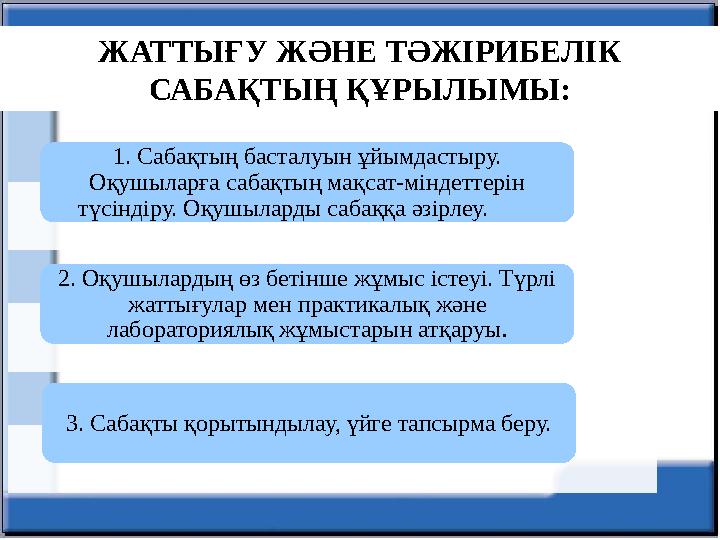 ЖАТТЫҒУ ЖӘНЕ ТӘЖІРИБЕЛІК САБАҚТЫҢ ҚҰРЫЛЫМЫ: 1. Сабақтың басталуын ұйымдастыру. Оқушыларға сабақтың мақсат-міндеттерін түсінді