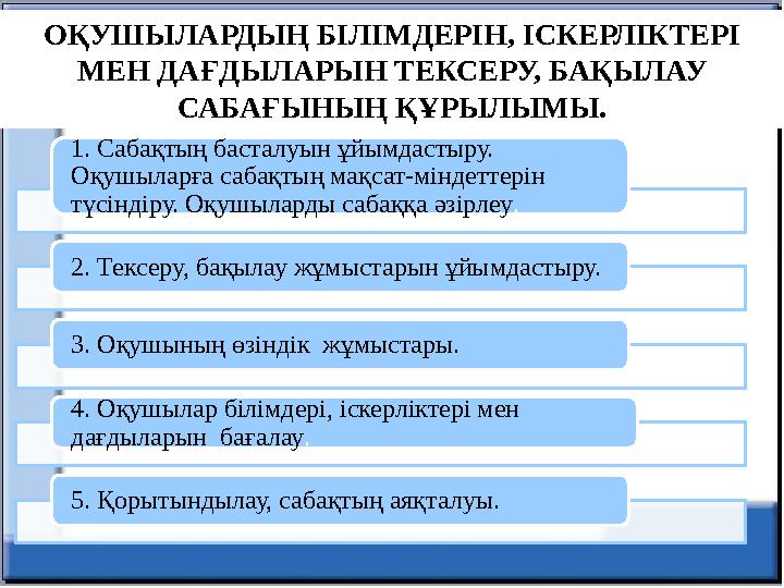 ОҚУШЫЛАРДЫҢ БІЛІМДЕРІН, ІСКЕРЛІКТЕРІ МЕН ДАҒДЫЛАРЫН ТЕКСЕРУ, БАҚЫЛАУ САБАҒЫНЫҢ ҚҰРЫЛЫМЫ. 1. Сабақтың басталуын ұйымдастыру. О