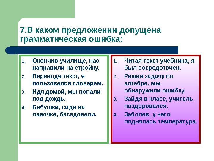 7.В каком предложении допущена грамматическая ошибка: 1. Окончив училище, нас направили на стройку. 2. Переводя текст, я поль