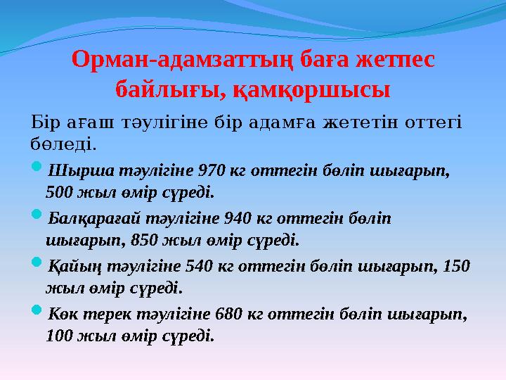 Орман-адамзаттың баға жетпес байлығы, қамқоршысы Бір ағаш тәулігіне бір адамға жететін оттегі бөледі.  Шырша тәулігіне 970 к