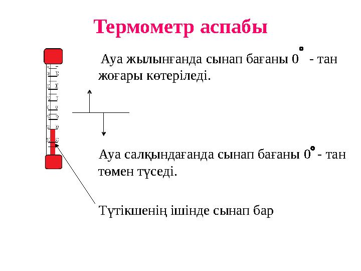 Термометр аспабы Ауа жылын ғанда сынап бағаны 0 - тан жо ғары көтеріледі. Ауа салқындағанда сынап бағаны 0 - та