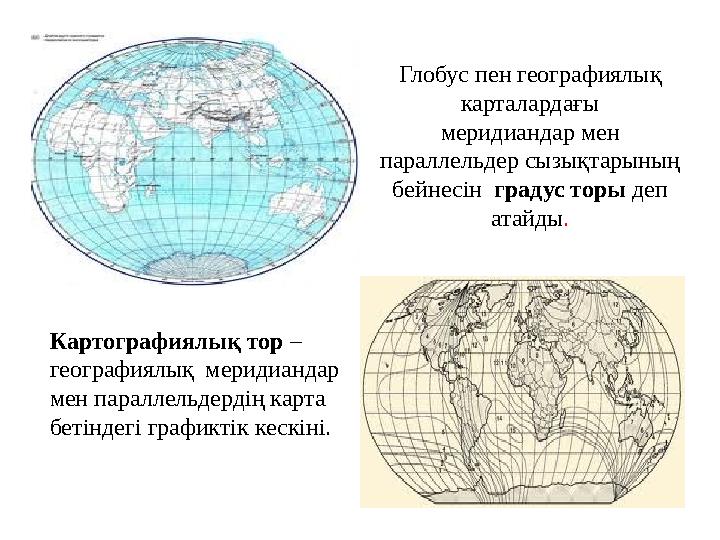 Глобус пен географиялық карталардағы меридиандар мен параллельдер сызықтарының бейнесін градус торы деп атайды . Картогра