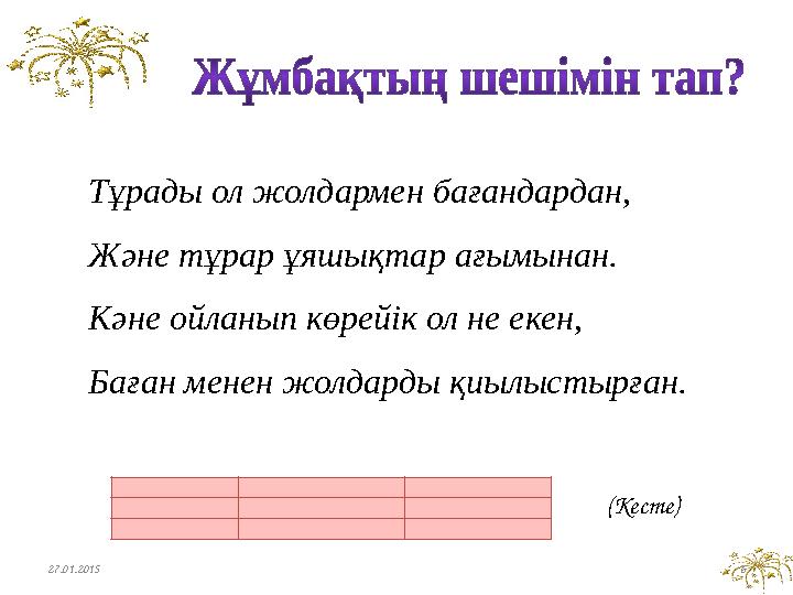 Тұрады ол жолдармен бағандардан, Және тұрар ұяшықтар ағымынан. Кәне ойланып көрейік ол не екен, Баған менен жолдарды қиылыстырға