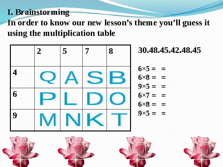 2 5 7 8 4 6 9 30.48.45.42.48.45 6 ×5 = = 6×8 = = 9×5 = = 6×7 = = 6×8 = = 9×5 = = I. Brainst