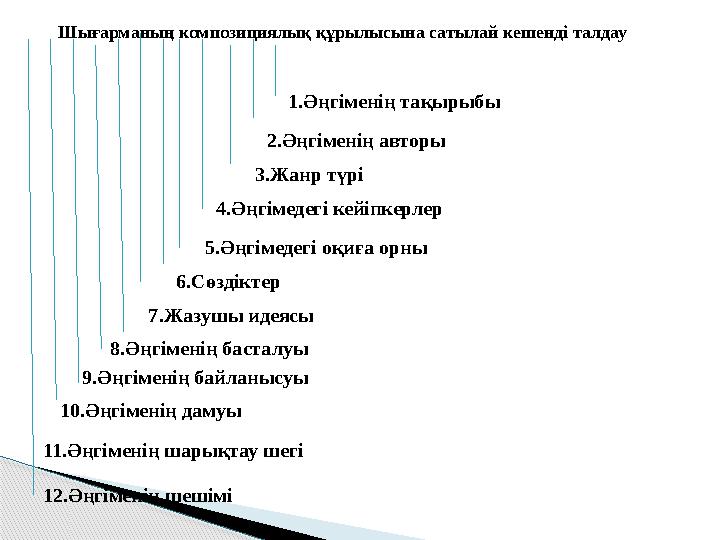 Шығарманың композициялық құрылысына сатылай кешенді талдау 1.Әңгіменің тақырыбы 2.Әңгіменің авторы 3.Жанр түрі 4.Әңгімедегі кей