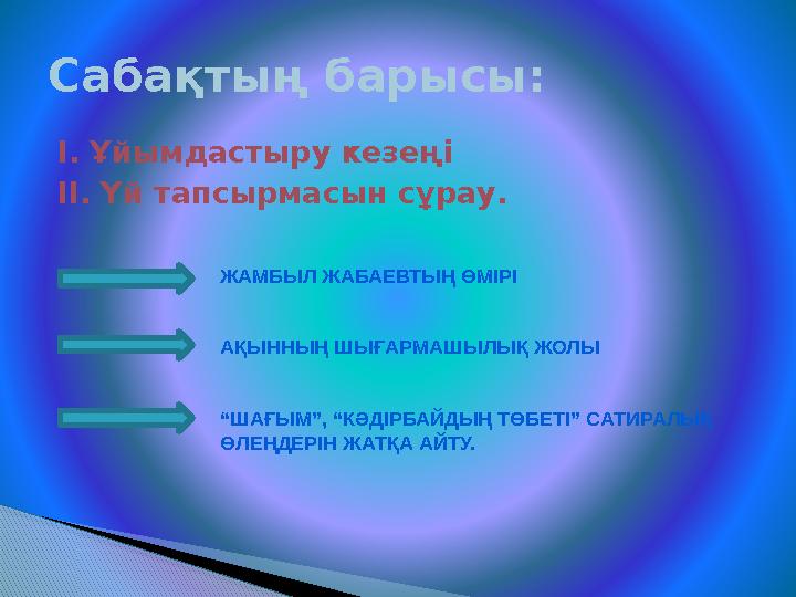 І. Ұйымдастыру кезеңі ІІ. Үй тапсырмасын сұрау.Сабақтың барысы: ЖАМБЫЛ ЖАБАЕВТЫҢ ӨМІРІ АҚЫННЫҢ ШЫҒАРМАШЫЛЫҚ ЖОЛЫ “ ШАҒЫМ”, “КӘД