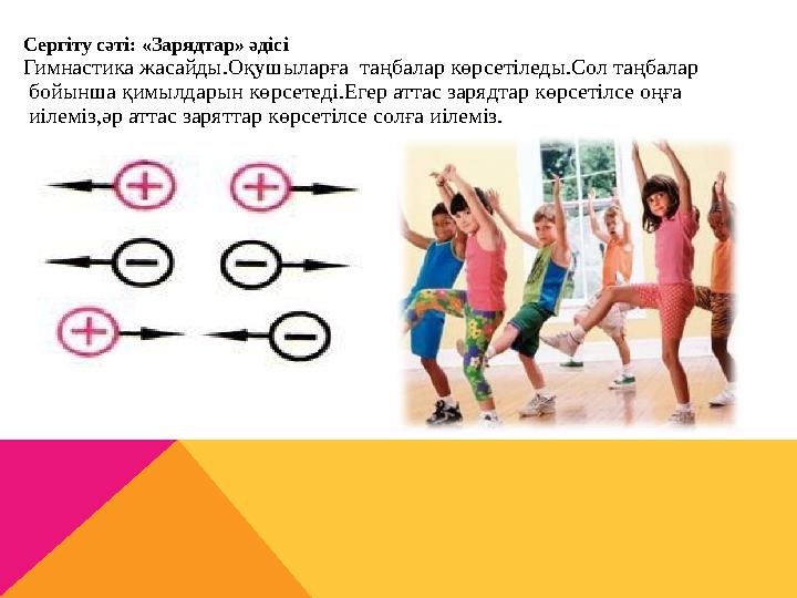 Cepгiтy cәтi: «Зapядтap» әдici Гимнастика жасайды.Оқушыларға таңбалар көрсетіледы.Сол таңбалар бойынша қимылдарын көрсете