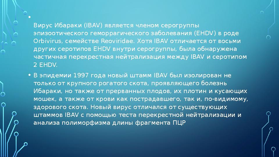 • Вирус Ибараки (IBAV) является членом серогруппы эпизоотического геморрагического заболевания (EHDV) в роде Orbivirus, семейс