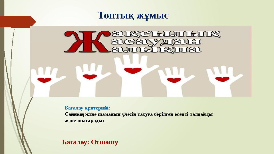 Топтық жұмыс Бағалау критерийі: Санның және шаманың үлесін табуға берілген есепті талдайды және
