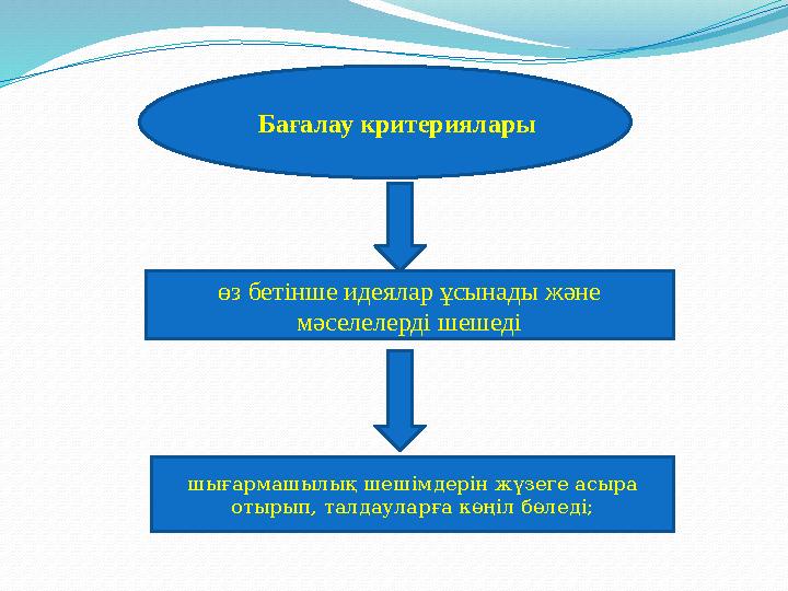 Бағалау критериялары өз бетінше идеялар ұсынады және мәселелерді шешеді шығармашылық шешімдерін жүзеге асыра отырып, талдаулар