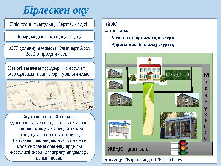 (ҰЖ) 4-тапсырма - Мектептің орналасқан жері; - Қарапайым бақылау жүргіз; Бағалау –Жарайсыңдар! Жетон беру.Бірлескен оқу