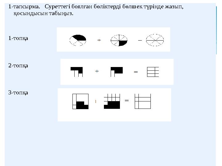 1-тапсырма. Суреттегі боялған бөліктерді бөлшек түрінде жазып, қосындысын табыңыз. 1-топқа 2-топқа 3-топқа