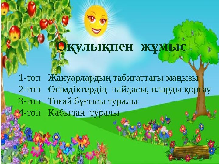 Оқулықпен жұмыс 1-топ Жануарлардың табиғаттағы маңызы 2-топ Өсімдіктердің пайдасы, оларды қорғау 3-топ Тоғай бұғысы