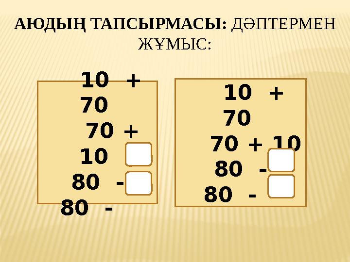 АЮДЫҢ ТАПСЫРМАСЫ: ДӘПТЕРМЕН ЖҰМЫС: 10 + 70 70 + 10 80 - 80 - 10 + 70 70 + 10 80 - 80 -