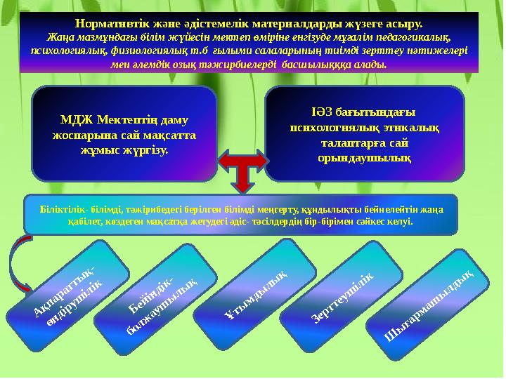 Нормативтік және әдістемелік материалдарды жүзеге асыру. Жаңа мазмұндағы білім жүйесін мектеп өміріне енгізуде мұғалім педагогик
