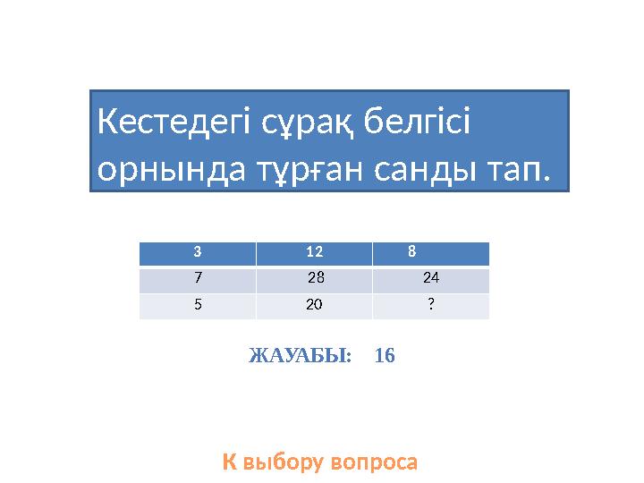 Кестедегі сұрақ белгісі орнында тұрған санды тап. К выбору вопроса 3 12 8 7 28 24 5