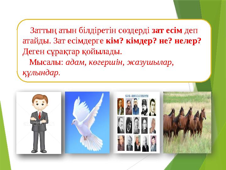 Заттың атын білдіретін сөздерді зат есім деп атайды. Зат есімдерге кім? кімдер? не? нелер? Деген сұрақтар қойылады.