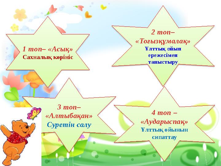 1 топ – «Асық» Сахналық көрініс 2 топ – «Тоғызқұмалақ» Ұлттық ойын ережесімен таныстыру 3 топ – «Алтыбақан» Суретін