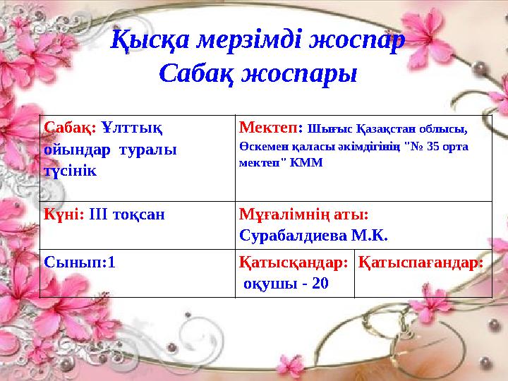 Сабақ: Ұлттық ойындар туралы түсінік Мектеп : Шығыс Қазақстан облысы, Өскемен қаласы әкімдігінің "№