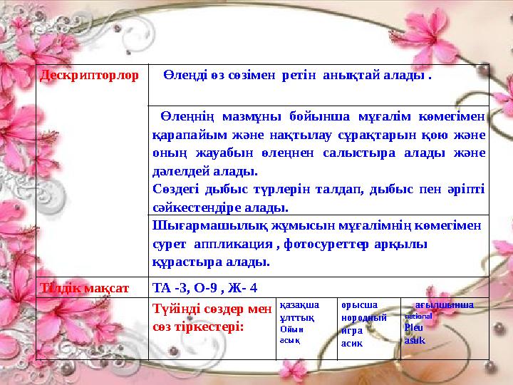 Дескрипторлор Өлеңді өз сөзімен ретін анықтай алады . Өлеңнің мазмұны бойынша мұғалім көмегімен қарапайым және на