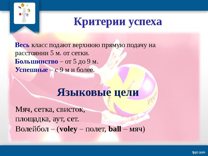 Критерии успеха Весь класс подают верхнюю прямую подачу на расстоянии 5 м. от сетки. Большинство – от 5 до 9 м. Успешные –