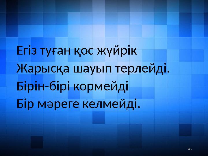 43Егіз туған қос жүйрік Жарысқа шауып терлейді. Бірін-бірі көрмейді Бір мәреге келмейді.