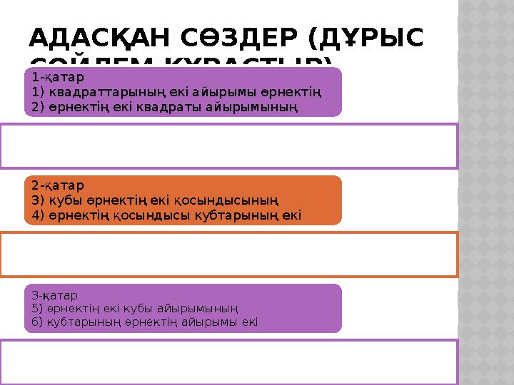 АДАСҚАН СӨЗДЕР (ДҰРЫС СӨЙЛЕМ ҚҰРАСТЫР) 1-қатар 1) квадраттарының екі айырымы өрнектің 2) өрнектің екі квадраты айырымының 2-қат