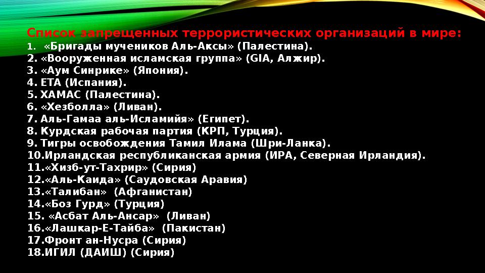 Список запрещенных террористических организаций в мире: 1. «Бригады мучеников Аль-Аксы» (Палестина). 2. «Вооруженная исламска