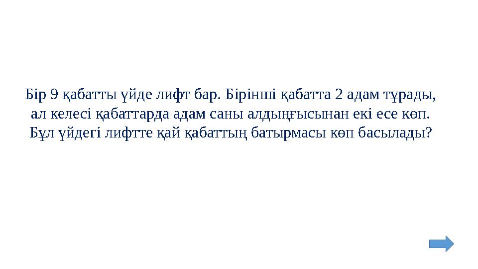 Бір 9 қабатты үйде лифт бар. Бірінші қабатта 2 адам тұрады, ал келесі қабаттарда адам саны алдыңғысынан екі есе көп. Бұл үйдегі