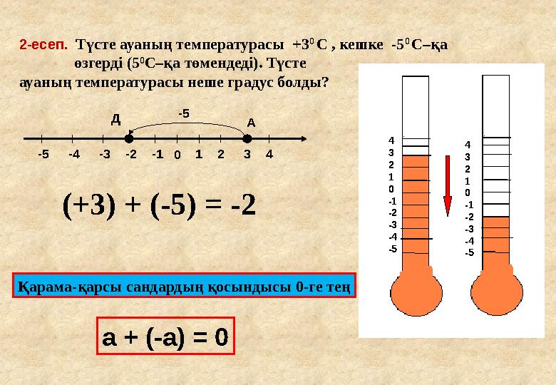 2-есеп. Түсте ауаның температурасы +3 0 С , кешке -5 0 С–қа өзгерді ( 5 0 С–қа төмендеді). Түсте ауаның