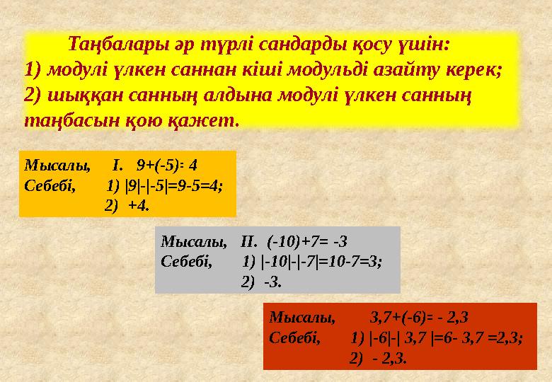 Мысалы, І. 9+ (-5)= Себебі, 1) | 9 |-| -5 |=9-5=4; 2) +4. Таңбалары әр түрлі сандарды