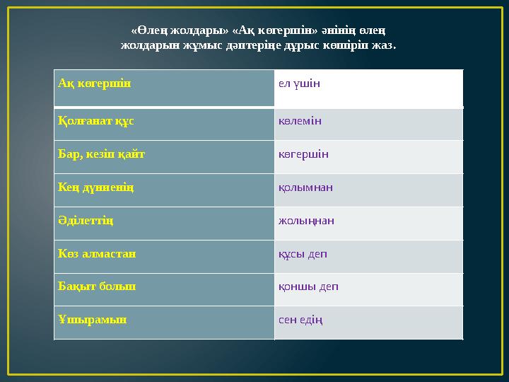 «Өлең жолдары» «Ақ көгершін» әнінің өлең жолдарын жұмыс дәптеріңе дұрыс көшіріп жаз. Ақ көгершін ел үшін Қолғанат құс көлемін