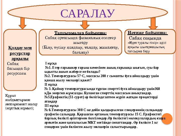 САРАЛАУ Тапсырмалар бойынша: Сабақ ортасында физикалық есептер шығару (Білу, түсіну қолдану, талдау, жинақтау, бағалау)Қолдау