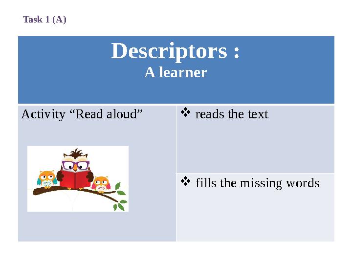 Descriptors : A learner Activity “Read aloud”  reads the text  fills the missing words Task 1 (A)