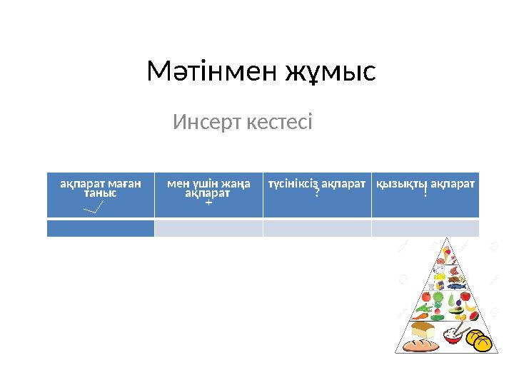 Мәтінмен жұмыс Инсерт кестесі ақпарат маған таныс мен үшін жаңа ақпарат + түсініксіз ақпарат ? қызықты ақпарат !
