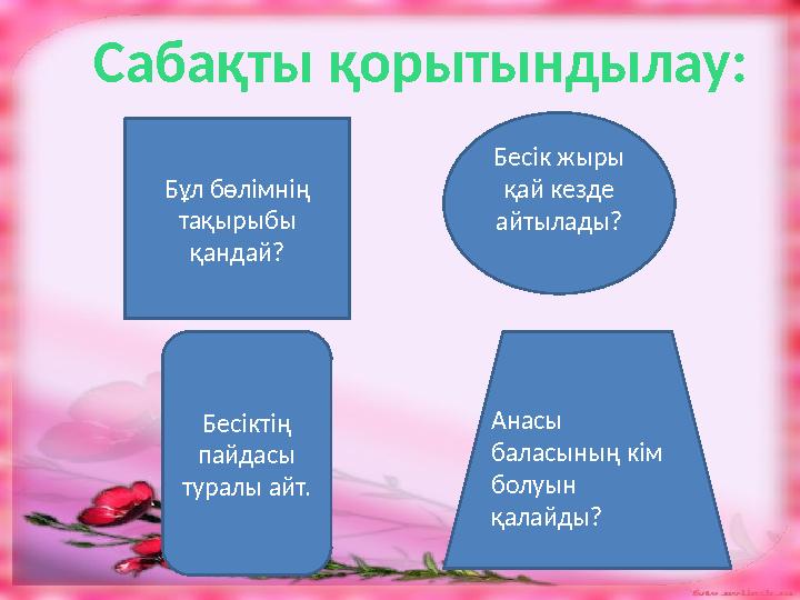 Бұл бөлімнің тақырыбы қандай? Бесік жыры қай кезде айтылады? Бесіктің пайдасы туралы айт. Анасы баласының кім болуын қа