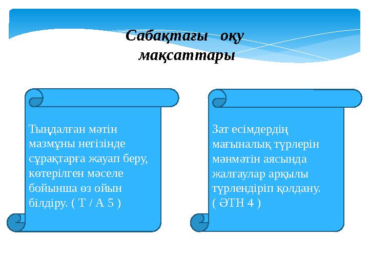 Сабақтағы оқу мақсаттары Тыңдалған мәтін мазмұны негізінде сұрақтарға жауап беру, көтерілген мәселе бойынша өз ойын